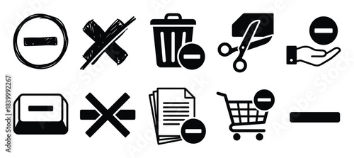 Remove delete cancel icons, cross and minus symbols, error trash scissors cart.