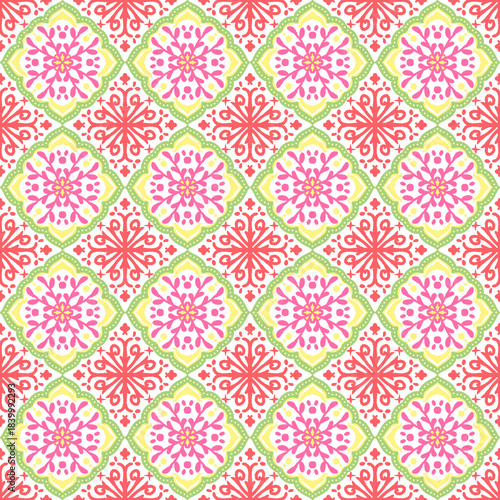 Geometric Floral Seamless Pattern Pink and Green Decorative Motif
