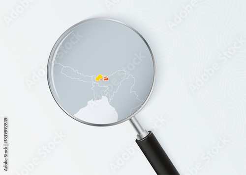Bhutan Map Under Magnifying Glass with National Flag Overlay.