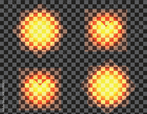 Four glowing abstract square light effects with yellow and orange radiance on a transparent background.