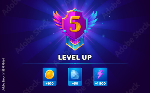 Level up banner with shield and bonus for game ui