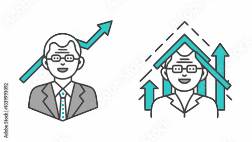 Businessman with glasses and suit showing growth arrows indicating success and positive business trends chart