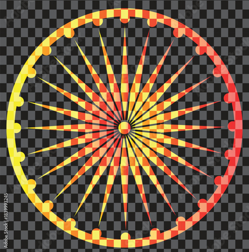 A vibrant, gradient-colored Ashoka Chakra with 24 spokes against a transparent checkered background, symbolizing dharma and progress.
