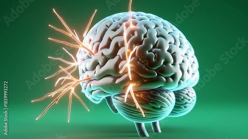 Abstract digital illustration of a human brain with glowing neural connections