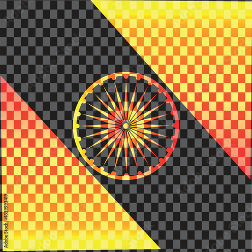 Abstract graphic design featuring a colorful wheel with radiating spokes on a checkerboard background with triangular patterns.