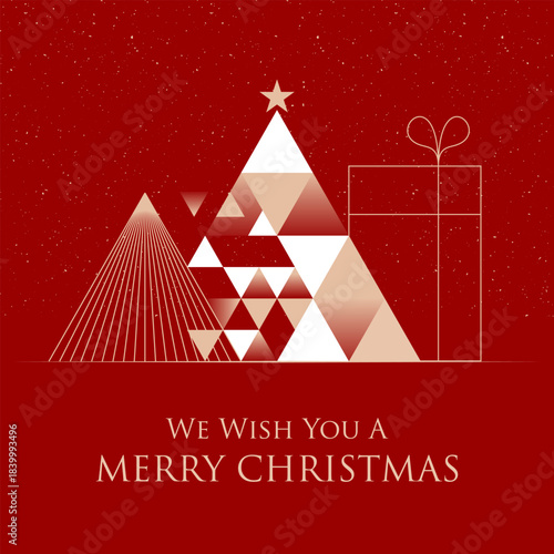 Elegant geometric Christmas artwork with modern trees, gift outline, and festive red-gold theme.