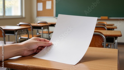 Close-up of a hand holding a blank sheet of paper over a wooden school desk. Classroom desks, green chalkboard, and teacher area highlight exams, learning, and education
