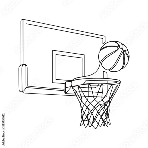 Continuous one line drawing of a basketball scoring a goal. Minimalist basketball hoop and ball illustration for sport concept.
