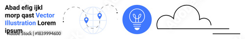 Innovation, connectivity, global communication, technology solutions, creativity, cloud concepts. Globe with location pins, light bulb icon cloud outline. Innovation and connectivity concept