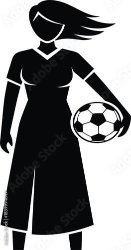 Powerful Female Soccer Player Silhouette Standing Confidently Holding Football, Vector Illustration Representing Women's Sports Strength, Athlete Determination, Sportswoman Empowerment, 
