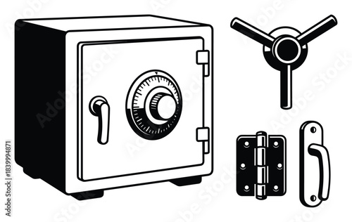 Security safe box, combination dial, handle, separate components, hinge, lock, protection equipment, graphic set.