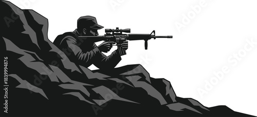 Soldier taking aim with rifle from rocky hill, silhouette style vector illustration, military concept, war theme, security and defense, combat operation, sniper aiming weapon, army strong