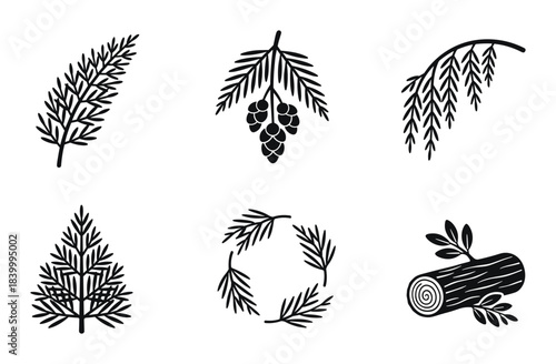 Set of black silhouettes of tree branches, pine cones, spruce, fir tree, and log elements.