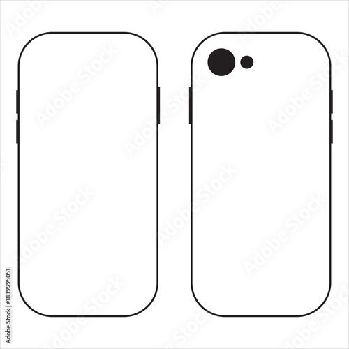 Smartphone front and back minimal illustration. Clean black-and-white graphic showing a smartphone’s front display and rear camera layout, useful for tech design, mockups, and device comparisons.

