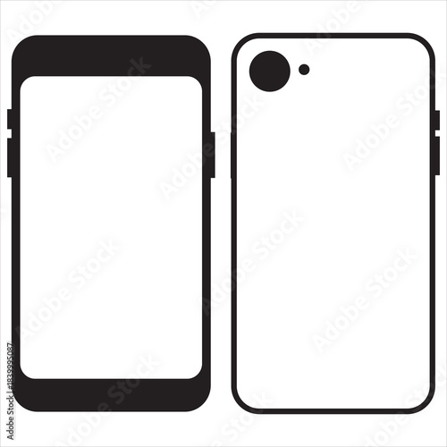 Smartphone front and back minimal illustration. Clean black-and-white graphic showing a smartphone’s front display and rear camera layout, useful for tech design, mockups, and device comparisons.

