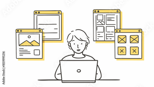 Person using laptop with multiple browser windows showing different website layouts around them