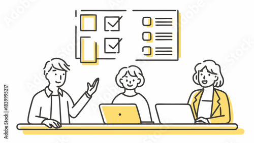 Three people in a meeting with laptops and a checklist on the wall discussing project progress and tasks