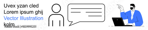 Remote work, communication, online learning, consulting, virtual teamwork, and business meetings. A person with a speech bubble and a professional interacting via a laptop. Remote work