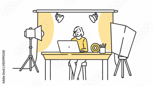 Illustration of a woman working on a laptop in a studio with lighting equipment and backdrop setup
