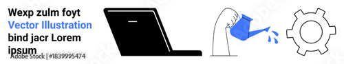 Laptop, hand pouring water on gear icon, representing innovation, teamwork, growth. Ideal for business, creativity, development, learning startups technology simple landing page