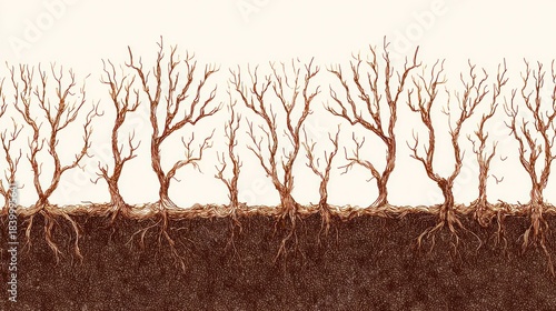 Bare trees in a row, roots visible
