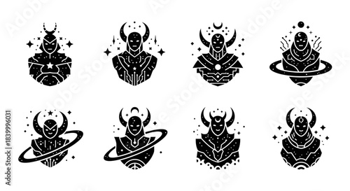 Canvastavla Mysterious cosmic beings with celestial crowns and starry adornments offer a gli