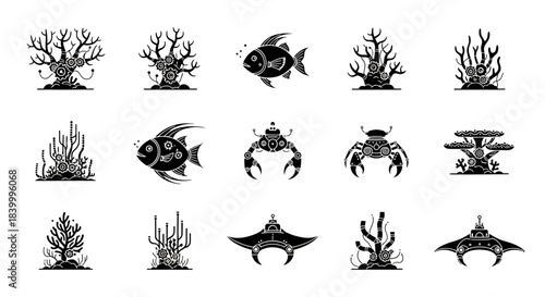 Принти на полотні Whimsical underwater world icons feature robotic sea creatures and steampunk cor