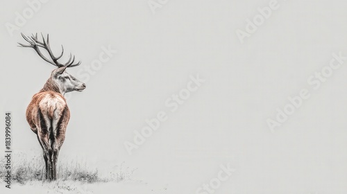 Majestic male cervid with impressive antlers standing against a pale background