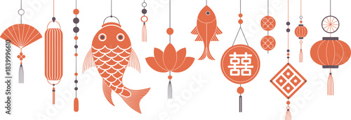 Chinese New Year hanging decorations, lanterns, fish symbols, floral ornaments, festival charms, lucky motifs, traditional celebration elements, flat illustration design