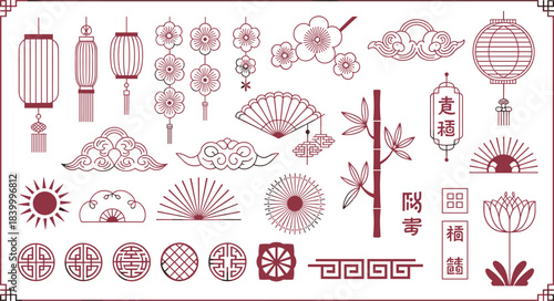Traditional Chinese decorative elements collection with lanterns, clouds, flowers, bamboo, fans, patterns, calligraphy, minimalist red line art design illustration