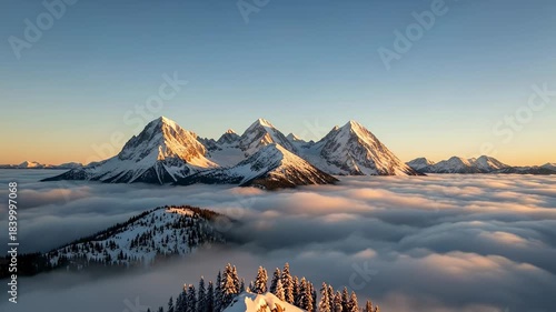 Majestic Snowy Mountain Peaks Above a Sea of Clouds at Sunrise.
