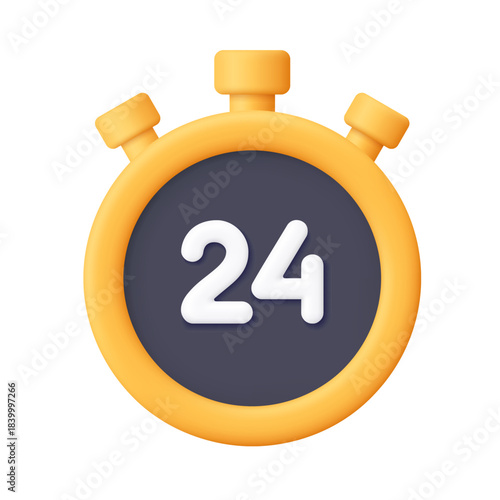 Yellow and black stopwatch with white number 24. 24 hours, countdown, timekeeping, delivery, customer support, time management and deadline concept. 3d vector icon. Cartoon minimal style.