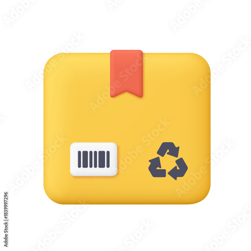 Yellow cardboard package box with red tape seal, label and barcode. Transportation, delivery, logistics, shipping and online shopping concept. 3d vector icon. Cartoon minimal style.