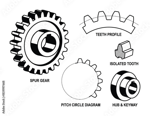 Spur gear details including teeth profile, pitch circle diagram, isolated tooth, hub and keyway vector