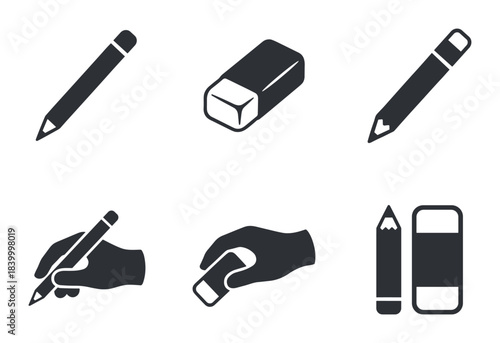 Stationery tools office supplies set. Pencil eraser icons. Writing drawing school items.