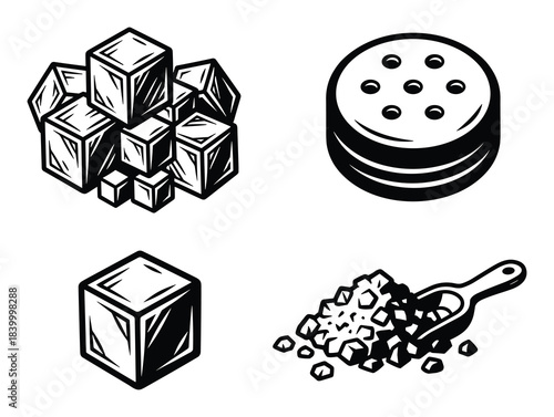 Sugar cubes and granulated sugar collection. Sugar shaker and scoop with sugar. Sweet food ingredient.