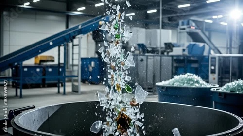 Glass Recycling Facility Processing Broken Glass Materials on Conveyor Belt.