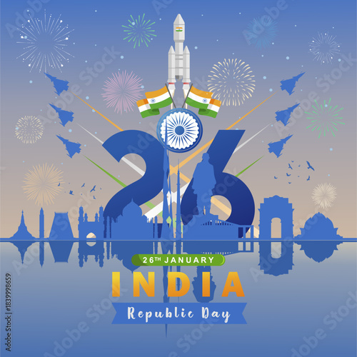 Patriotic India Republic Day Background 26 January 2026 with Military Parade and National Symbols. India Military Power and National Pride Illustration. Best for Republic Day and Independence Day. 