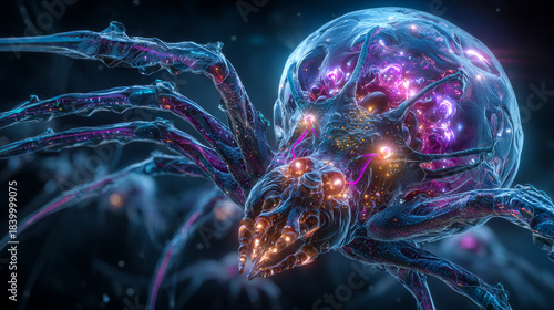 Bacteriophage or phage virus attacking and infecting a bacteria, antibiotic alternative therapy concept 3d rendering