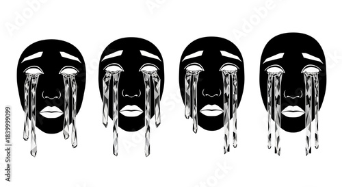 Four stylized black masks weep crystal tears, symbolizing deep sorrow, emotional pain, and profound sadness in a striking artistic representation.
