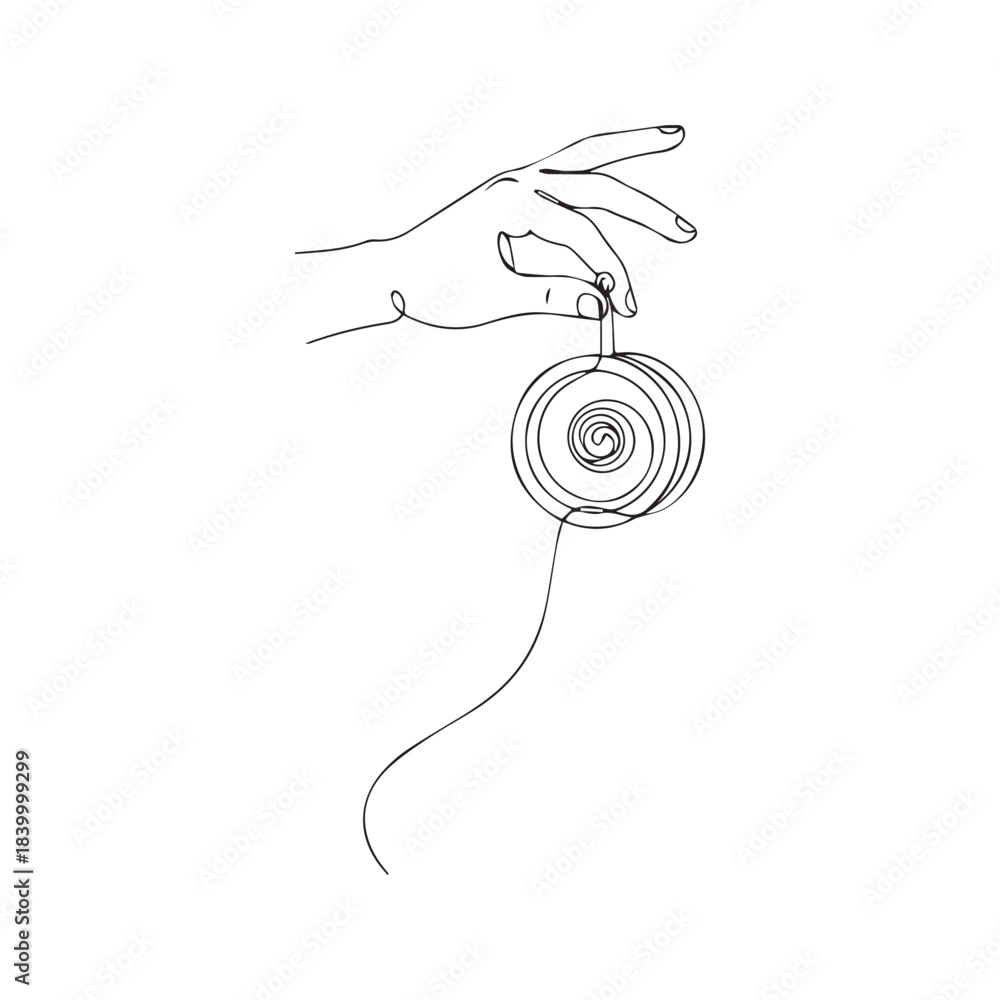 Obraz premium Hand Holding Yo-Yo Continuous Line Drawing. Minimalist single line art illustration of a classic skill toy, isolated on white background. 