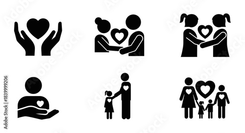 Diverse family love and care icons show connection, support, and togetherness for modern communication and design projects