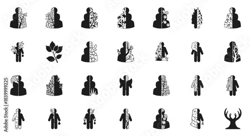 Diverse human figures merging with nature symbolizing growth, transformation, and ecological connection for modern concepts