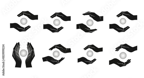 Diverse hand gestures cradling and protecting a glowing orb symbolizing care, security, and precious value in various artistic styles