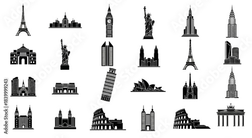 Iconic global landmarks collection showcasing famous architectural wonders for travel and city branding inspiration