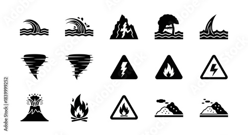 Dynamic collection of natural disaster icons depicting floods, lightning, tornadoes, volcanoes, fires, and landslides for safety and warning visuals