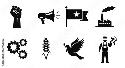 Empowering icons symbolizing industry, labor, peace, and progress for dynamic visual storytelling and impactful design projects