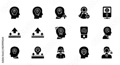 Dynamic icons depicting innovation, growth, and cognitive processes, perfect for business and technology presentations