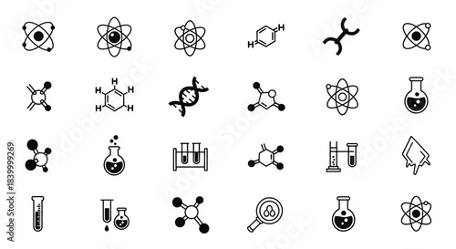 Dynamic science and chemistry icons including atoms, molecules, DNA, and lab equipment for modern educational and research projects