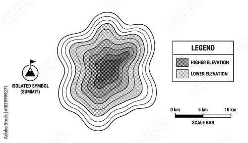 Topographic map illustration showing elevation changes summit symbol legend and scale bar element.
